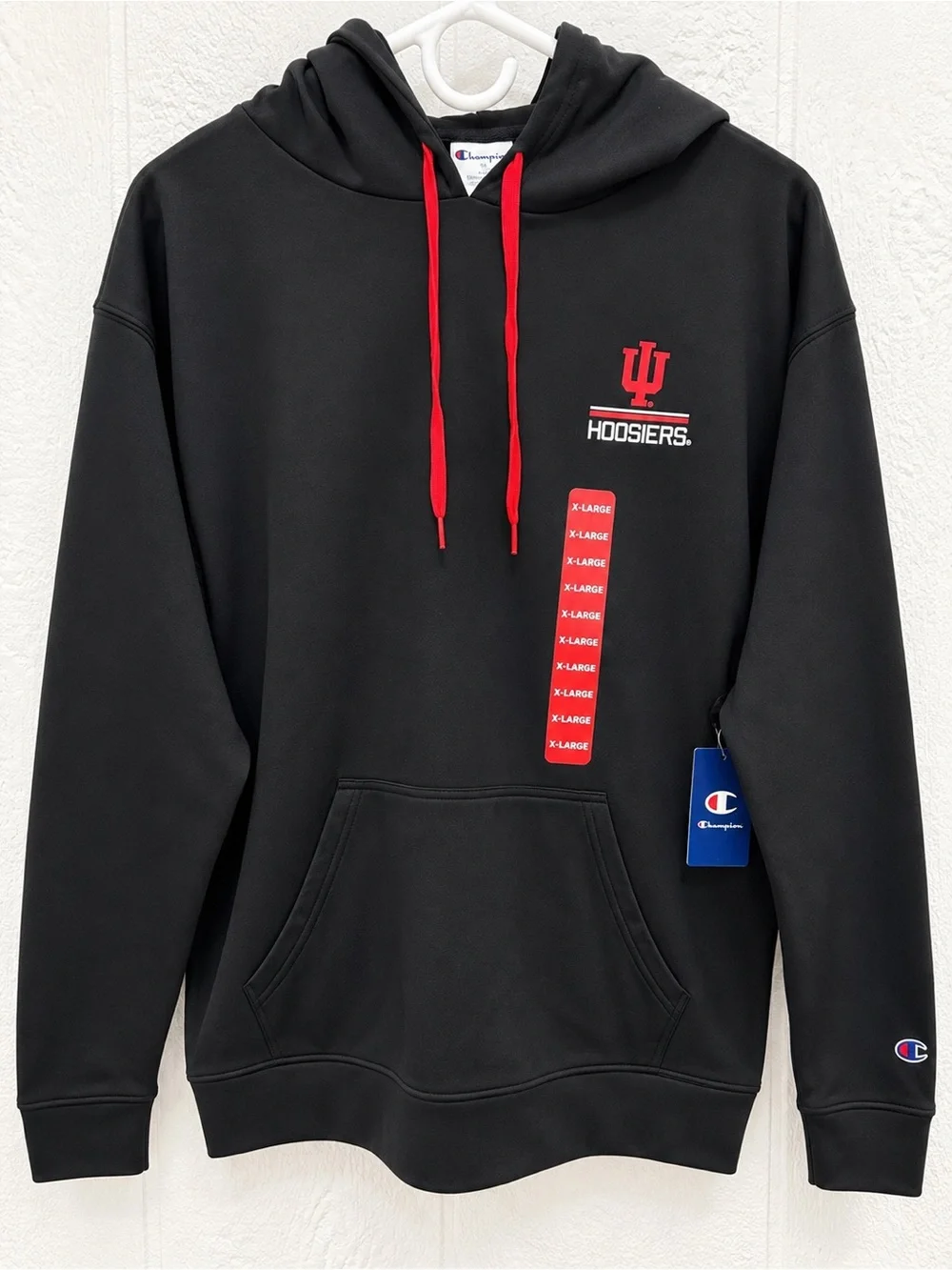 Champion Black Hoodie with Red Drawstrings and Hoosiers Logo